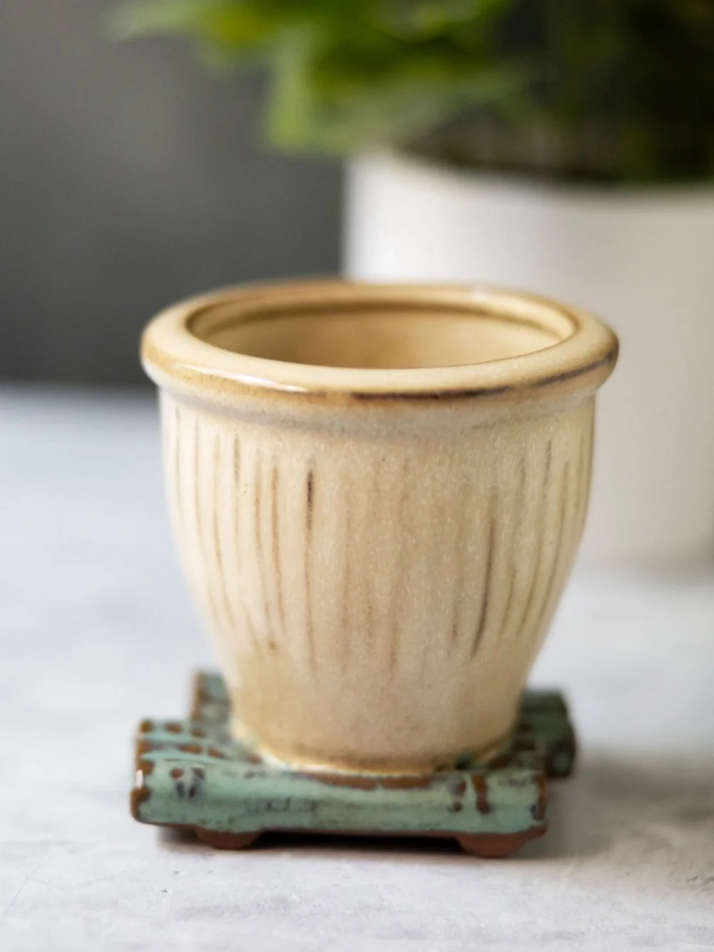 Asian ceramic planter with faux bamboo base 3.5
